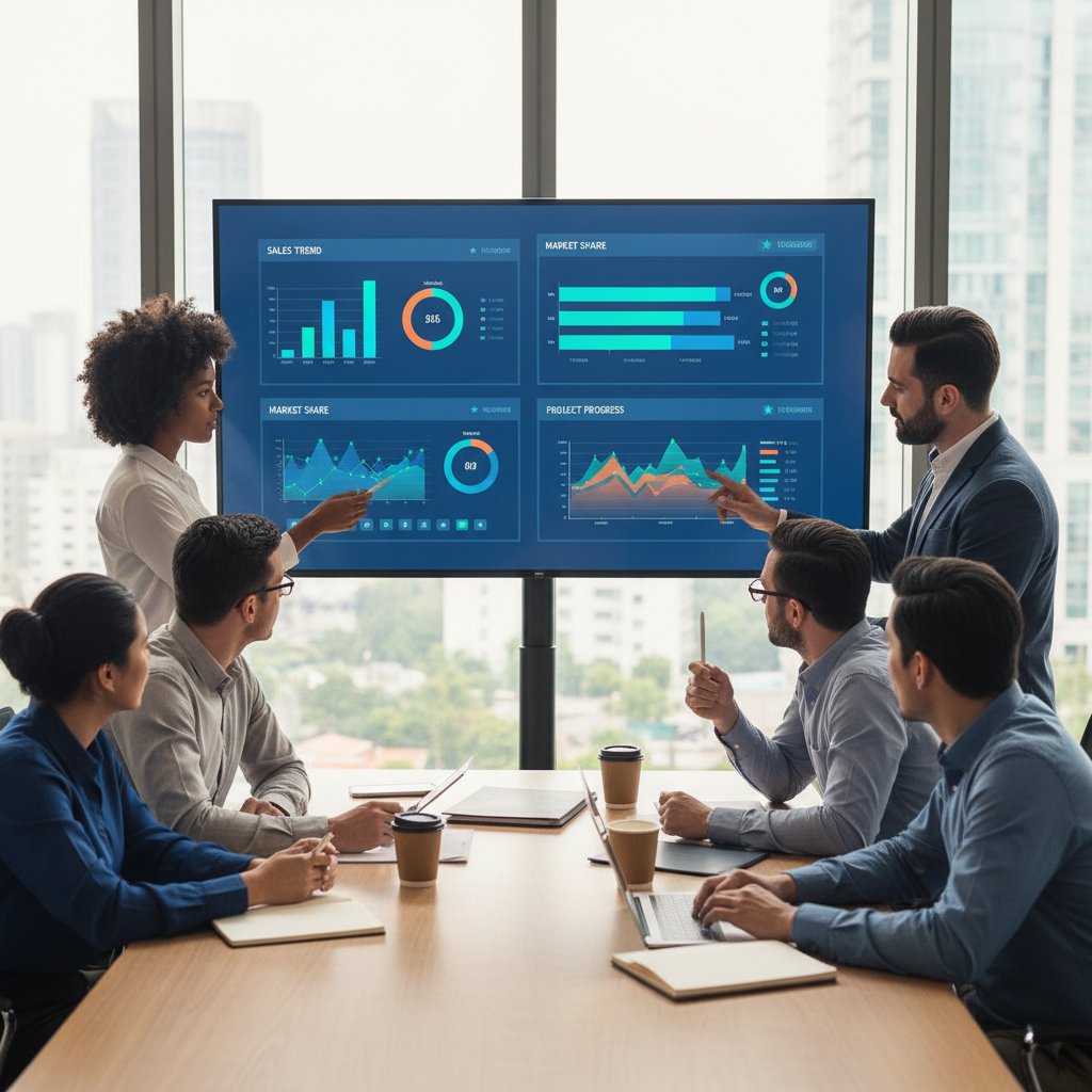 Zespół analizuje wspólne dashboardy na spotkaniu, w tle widać zintegrowane dane z różnych systemów