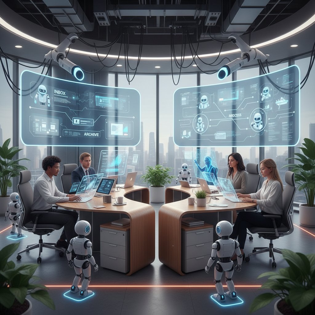 Office team working alongside digital assistants, screens displaying automated workflows and AI bots