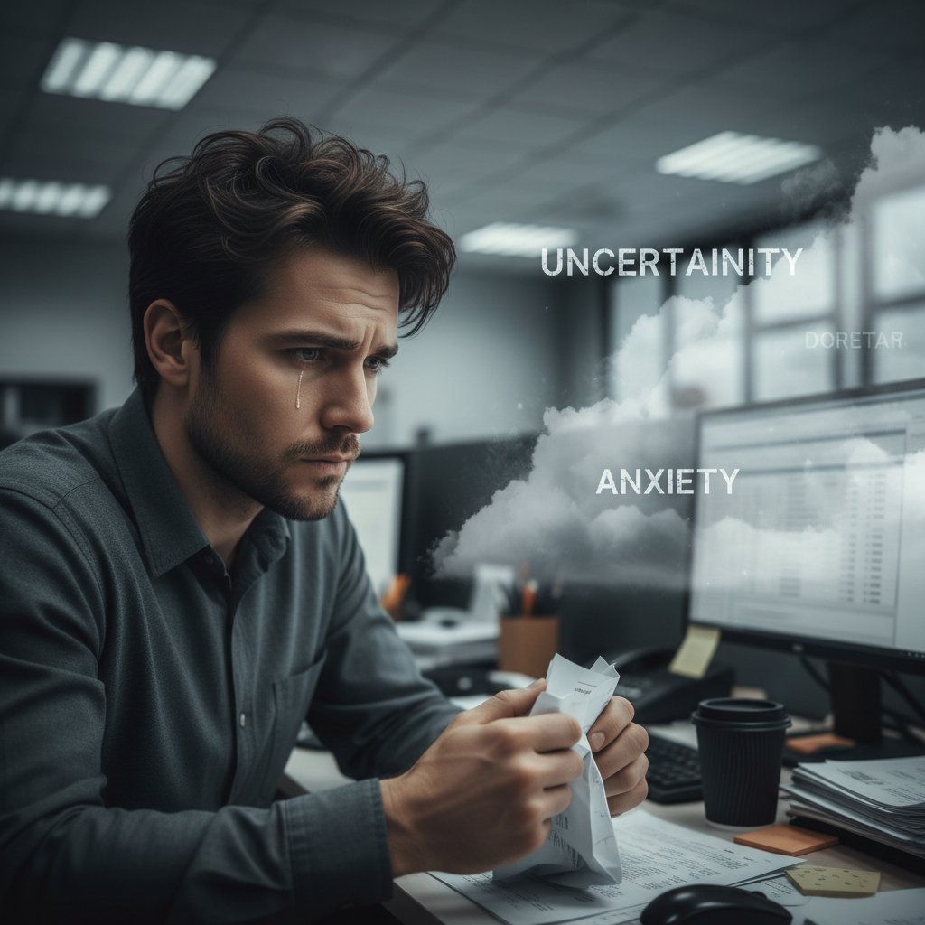 Pracownik biurowy patrzący z niepokojem na monitor, symbolizujący niepewność zawodową