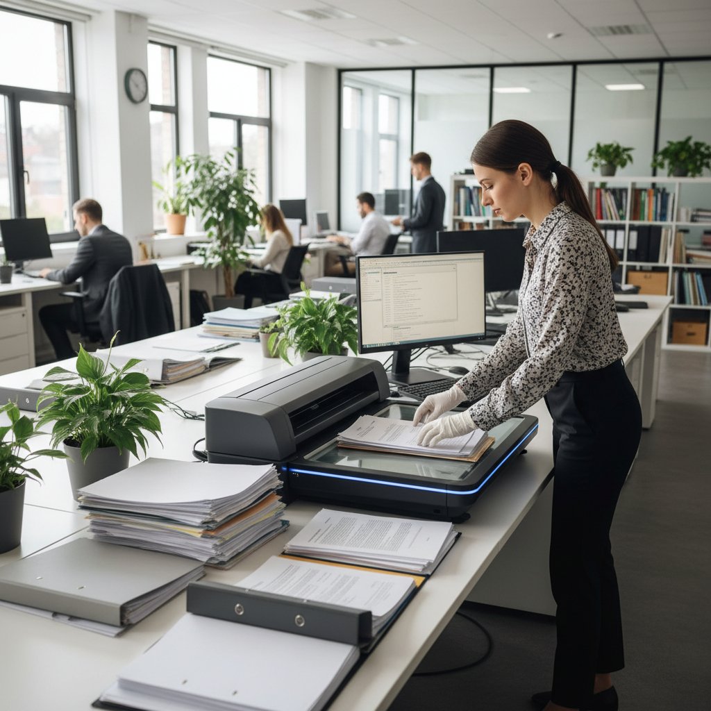 A meticulous office worker preparing a stack of documents for scanning, emphasizing the importance of pre-scan steps