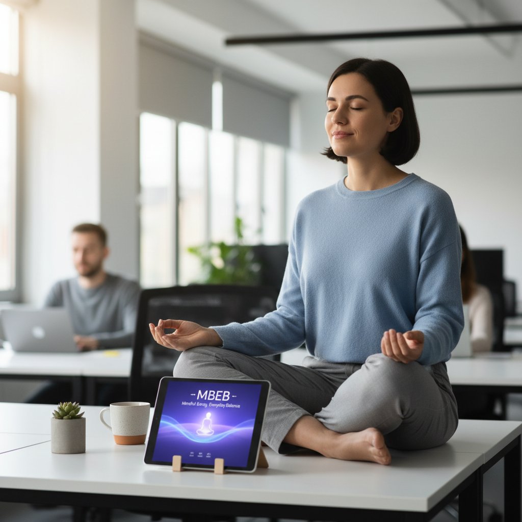 Pracownik biurowy wykonujący ćwiczenia mindfulness przy stanowisku pracy, z widoczną aplikacją MBEB