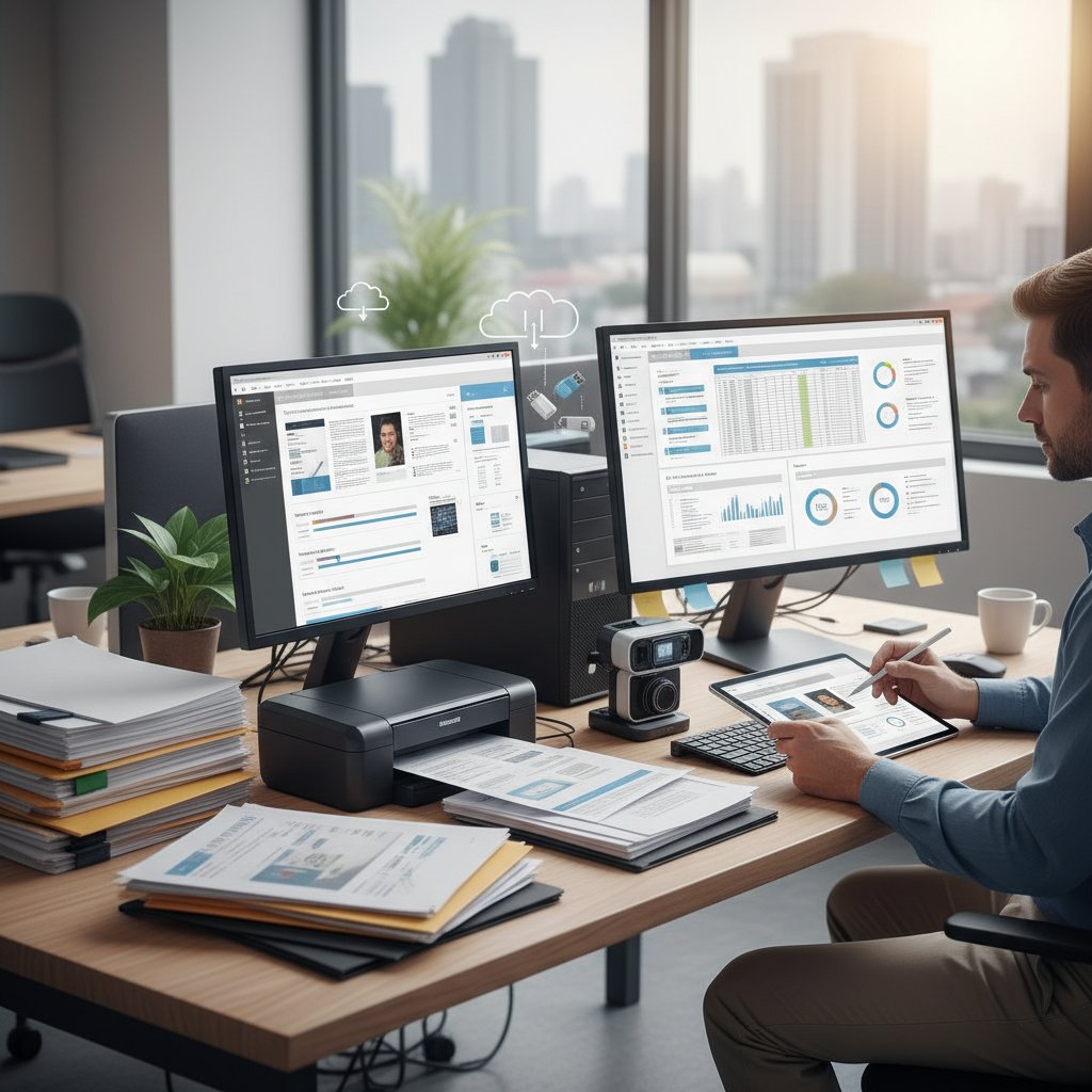 Office worker surrounded by both paper and digital documents, illustrating hybrid approach to document digitization methods