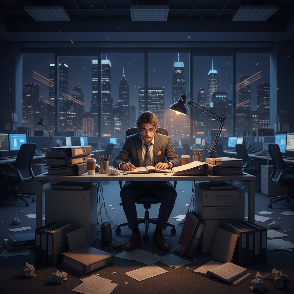 Worker overwhelmed by document overload in a modern office, late night, cinematic lighting, document summarizer for efficient workflow
