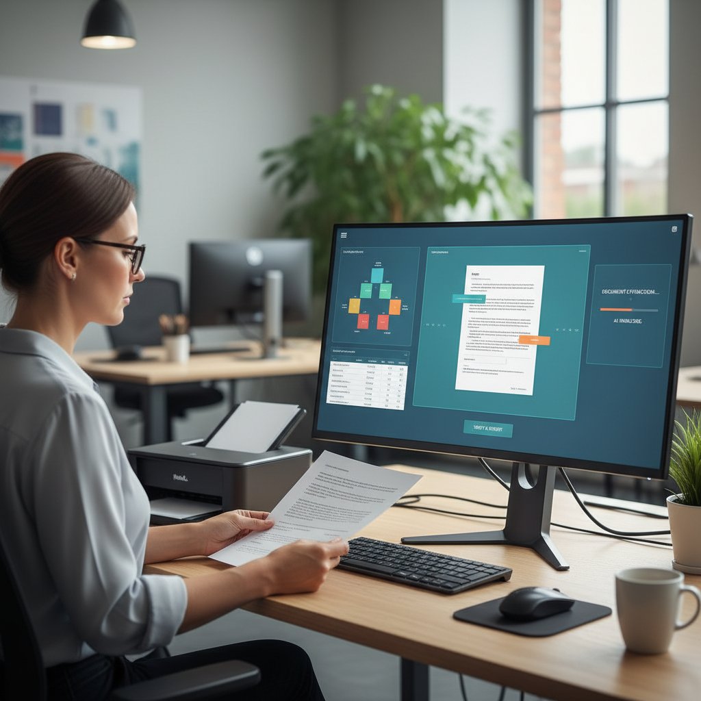 Office worker scanning documents, digital AI dashboard showing data extraction and classification
