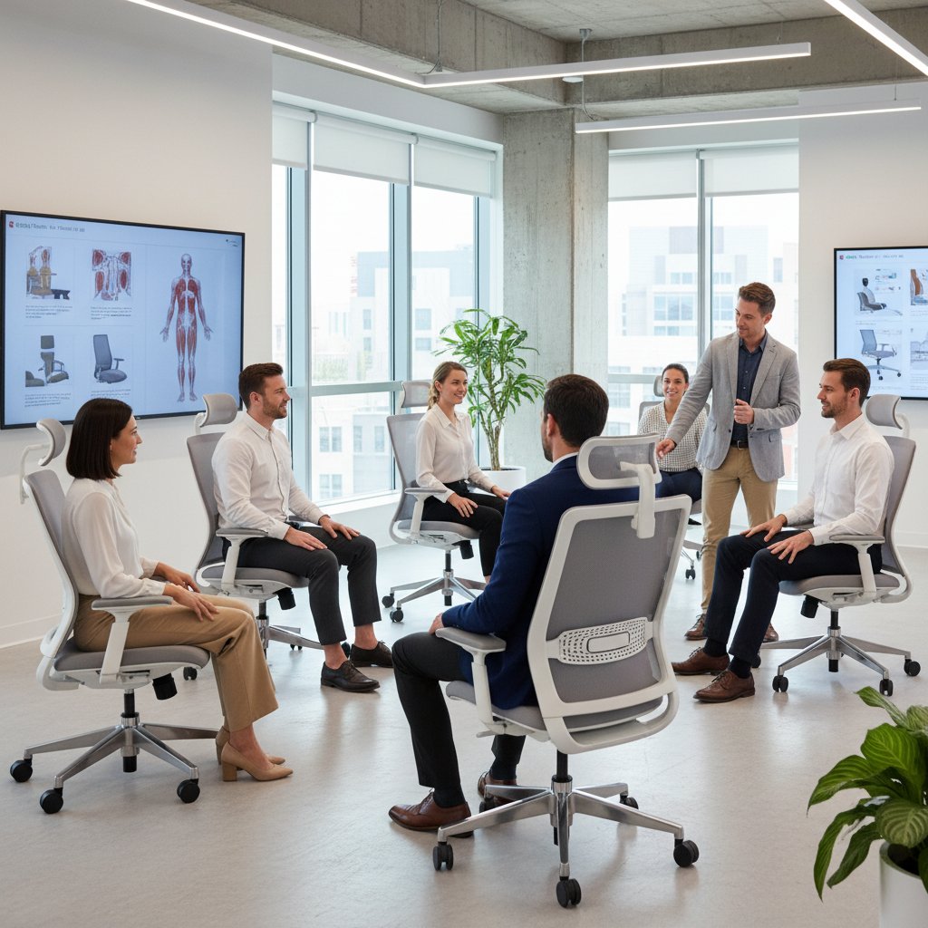 Zespół pracowników podczas warsztatów ergonomicznych w sali konferencyjnej, nowoczesne fotele i aktywna dyskusja