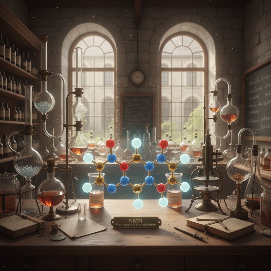 Historyczne laboratorium chemiczne z widoczną cząsteczką NMN w tle, symbolizujące genezę suplementu NMN