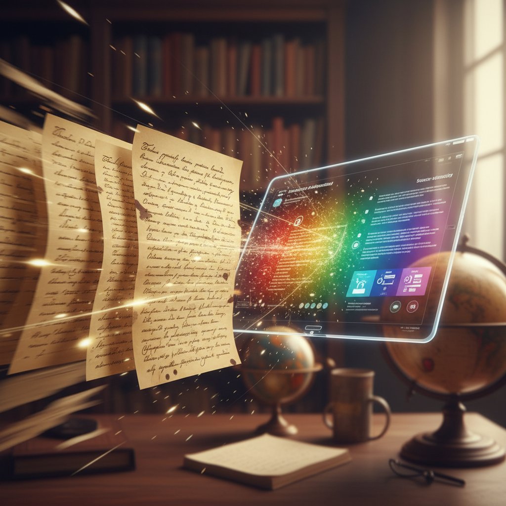 Evolution from manual to AI-powered document summarization: collage of handwritten notes transforming into digital summaries, sepia to color