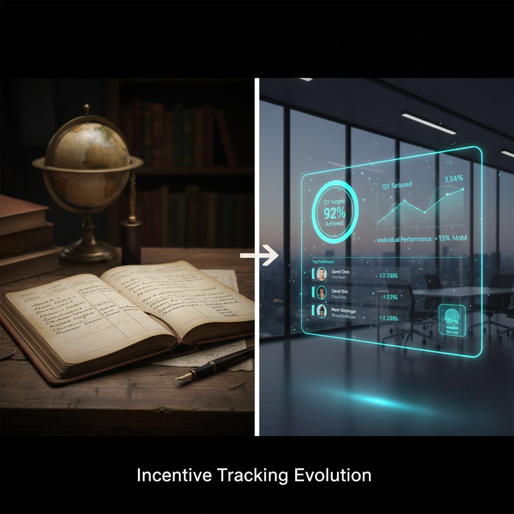 Symbolic split-screen of old ledger and modern dashboard, representing evolution of incentive tracking
