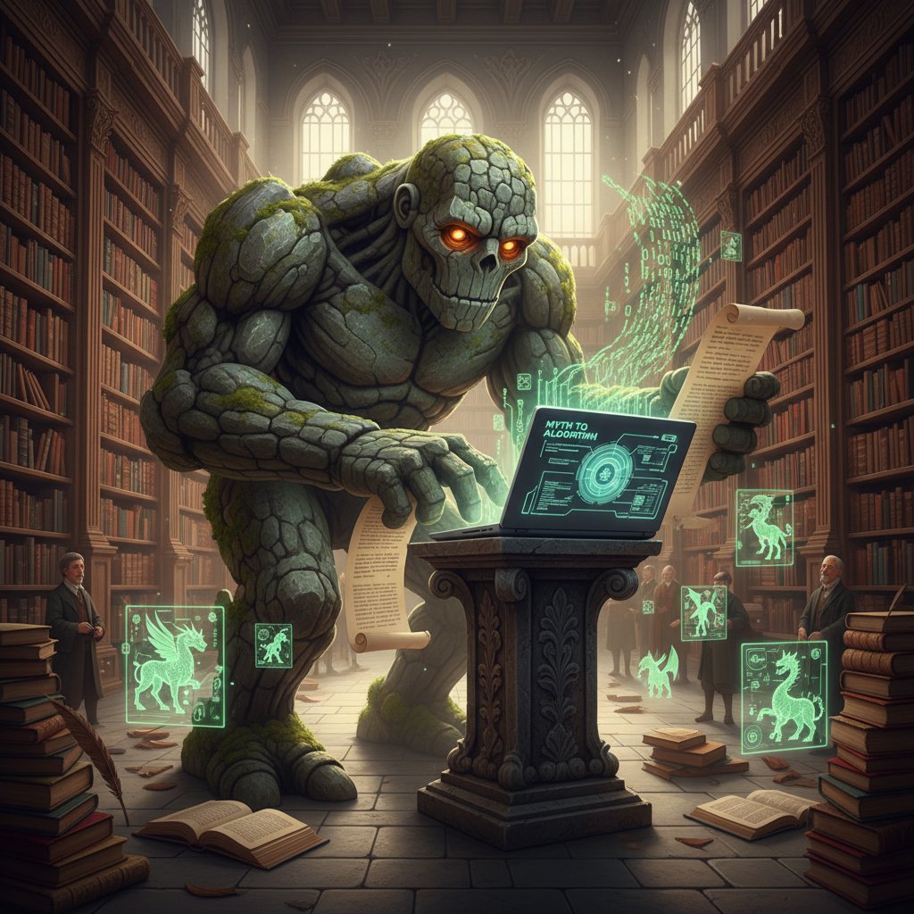 Stara biblioteka, półmrok, książki o Golemie i nowoczesny laptop symbolizujący ewolucję od mitu do algorytmu