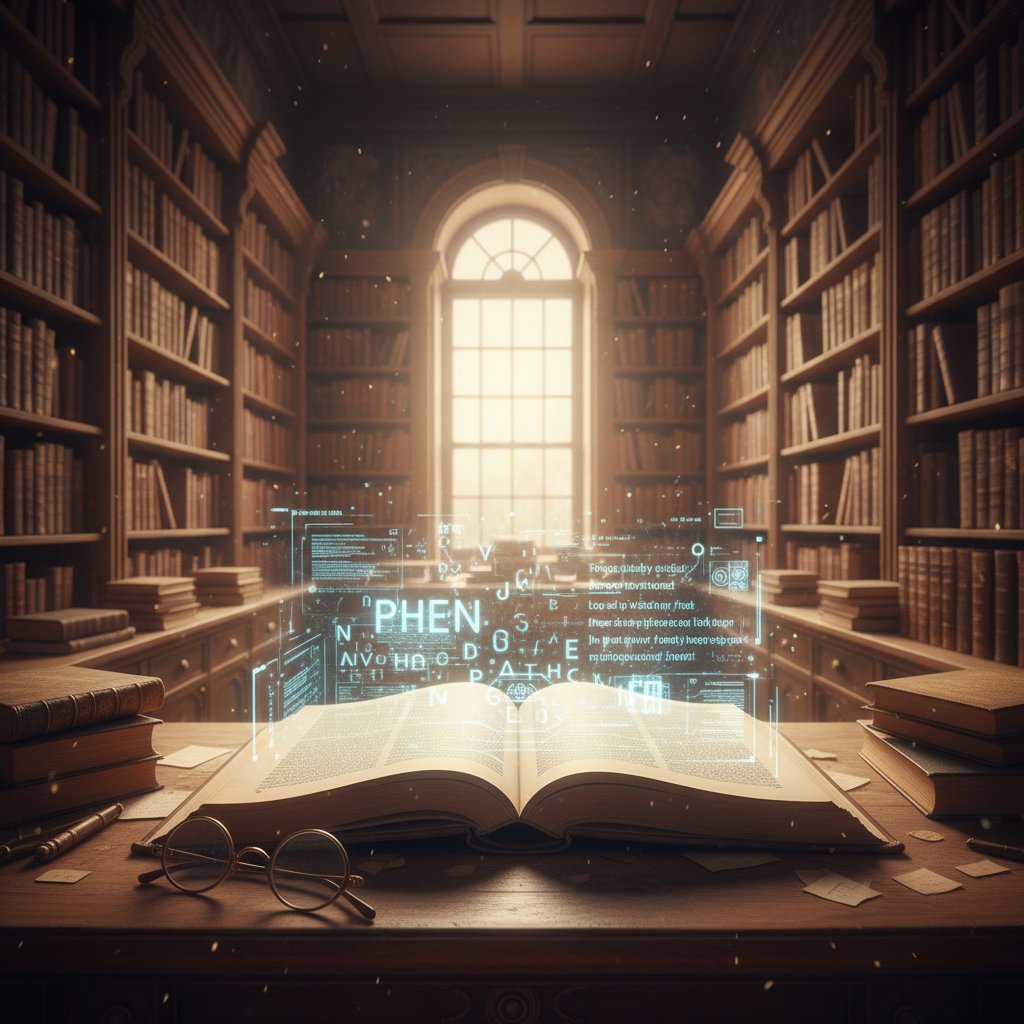Stara biblioteka z otwartą książką filozoficzną, na której wyświetlają się cyfrowe litery