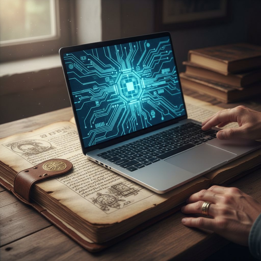 Stary manuskrypt i nowoczesny laptop, symbolizujące ewolucję eseju w historii Polski