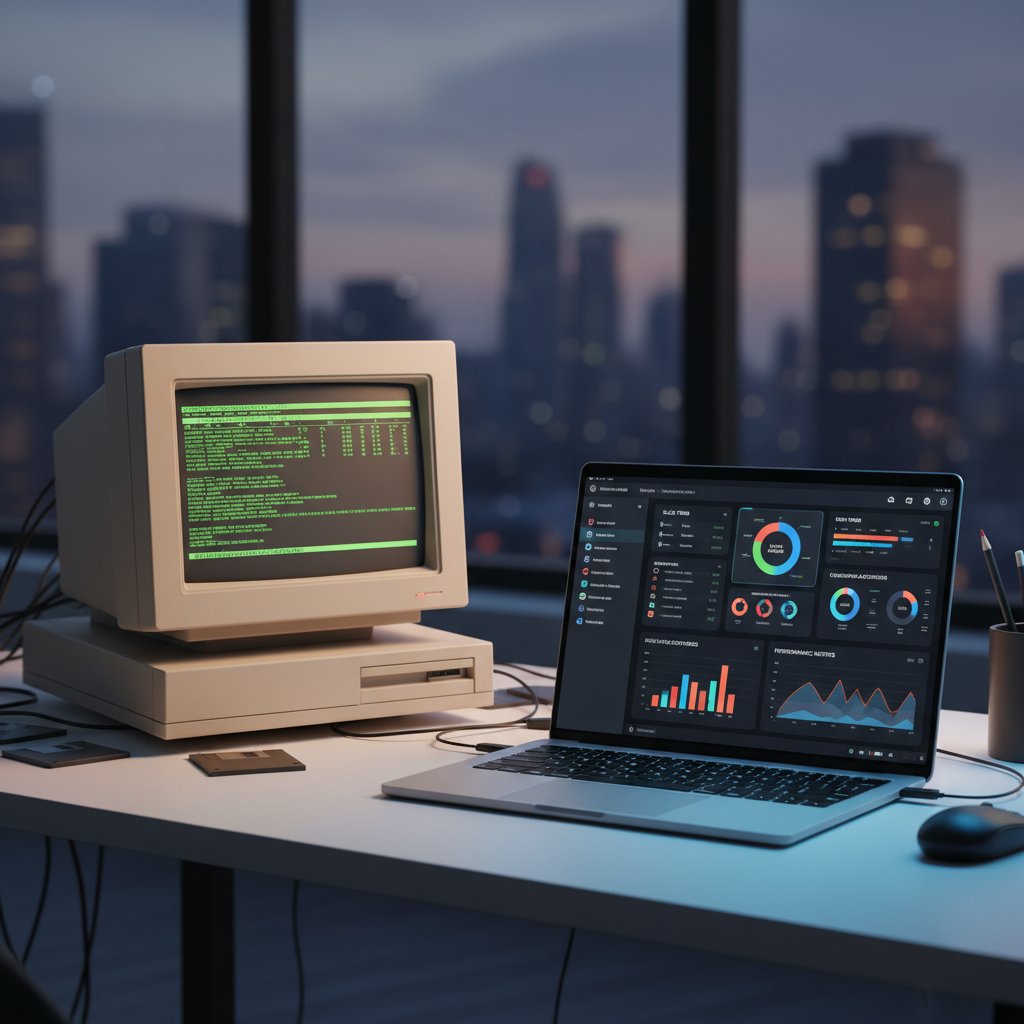 Stary komputer biurowy i nowoczesny laptop z dashboardem analitycznym - porównanie epok