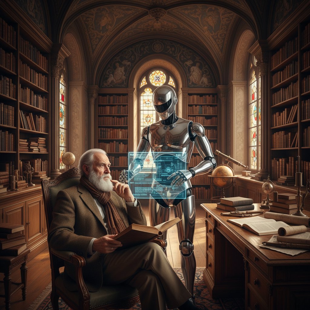 Zdjęcie starego filozofa rozważającego nowoczesnego robota w sterylnym wnętrzu biblioteki