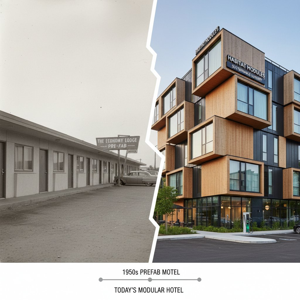 Stare i nowe: archiwalne zdjęcie pierwszego hotelu prefabrykowanego zestawione z nowoczesnym hotelem modułowym
