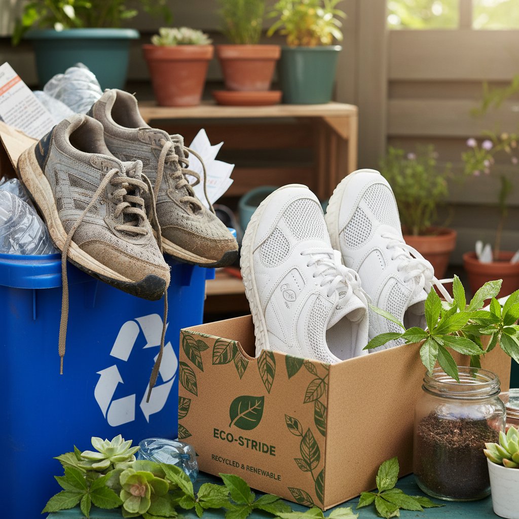 Stare buty do biegania w pojemniku recyklingowym obok nowych modeli – symbol ekologii