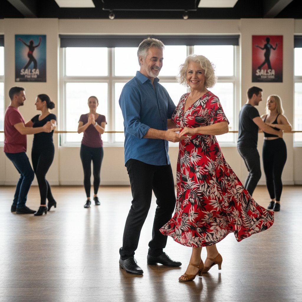 Older couple dancing together, trying salsa for the first time
