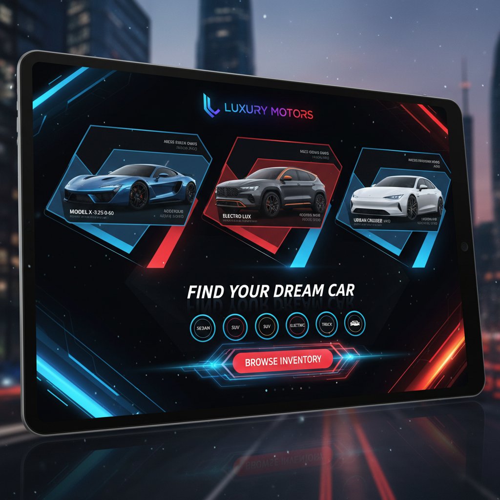 Modern online car sales interface with bold graphics and dynamic color, representing the shift to digital dealerships
