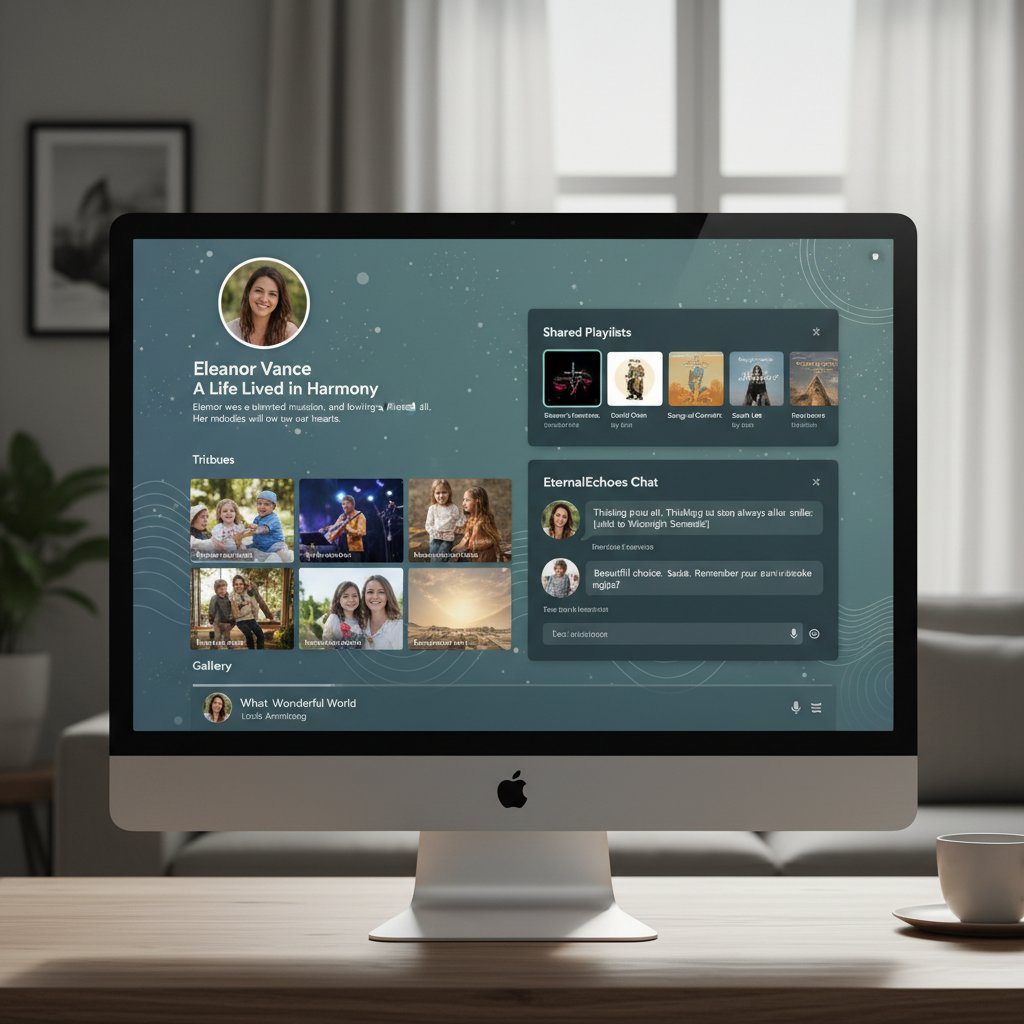 Photo of a user interacting with an online memorial platform, playlist and chat visible