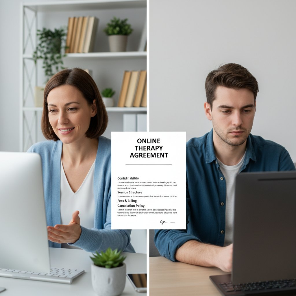 Spotkanie online terapeuty i klienta z wyświetlonym kontraktem