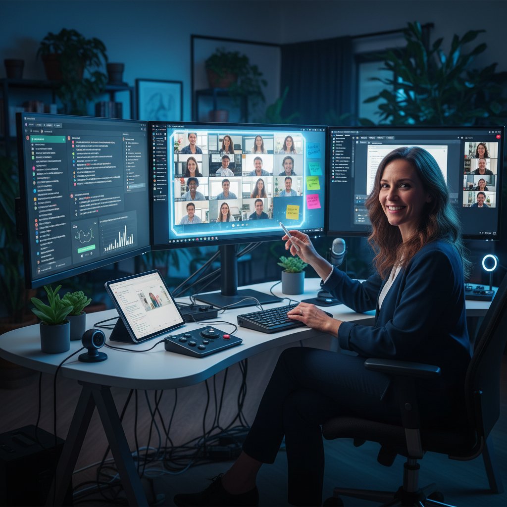 Facilitator using multiple screens and interactive tools during a virtual workshop. Alt: Online workshop facilitator managing digital tools