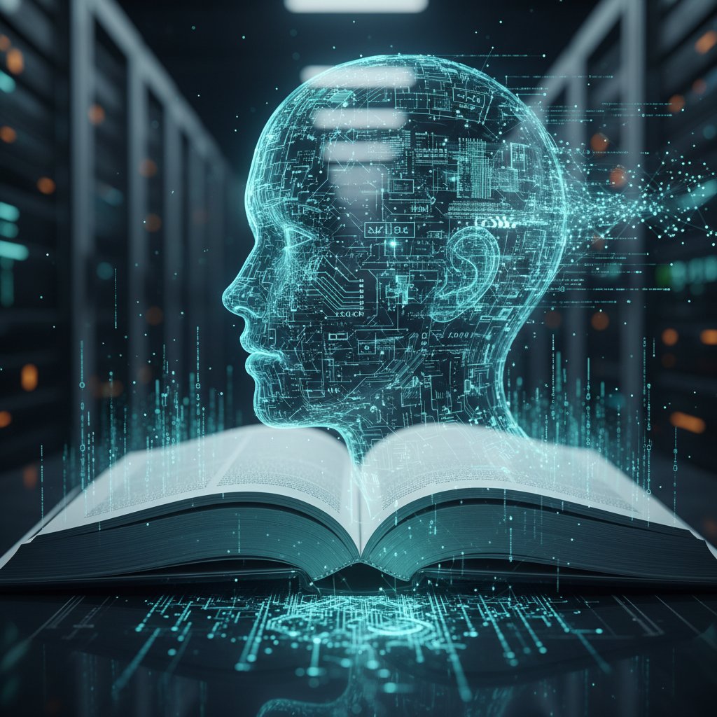 Synergia literatury i sztucznej inteligencji – otwarta książka, cyfrowy kod, twarz człowieka