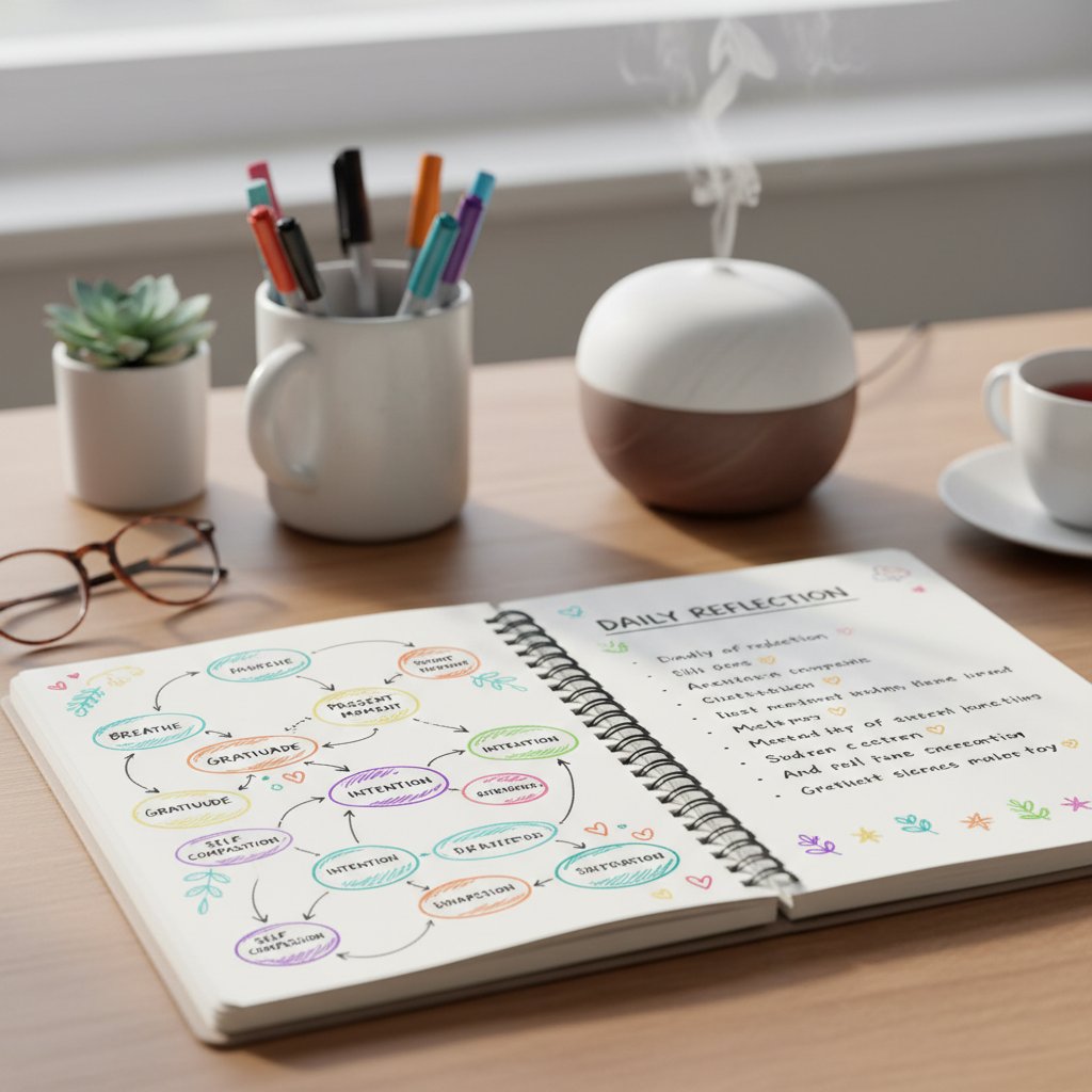 Overhead photo of home office with open notebook, diagrams, colored pens for mindfulness journaling triggers and patterns