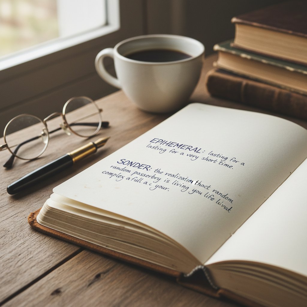 Symbolbild: Aufgeschlagenes Notizbuch mit handschriftlichen Definitionen, daneben Stift und Brille