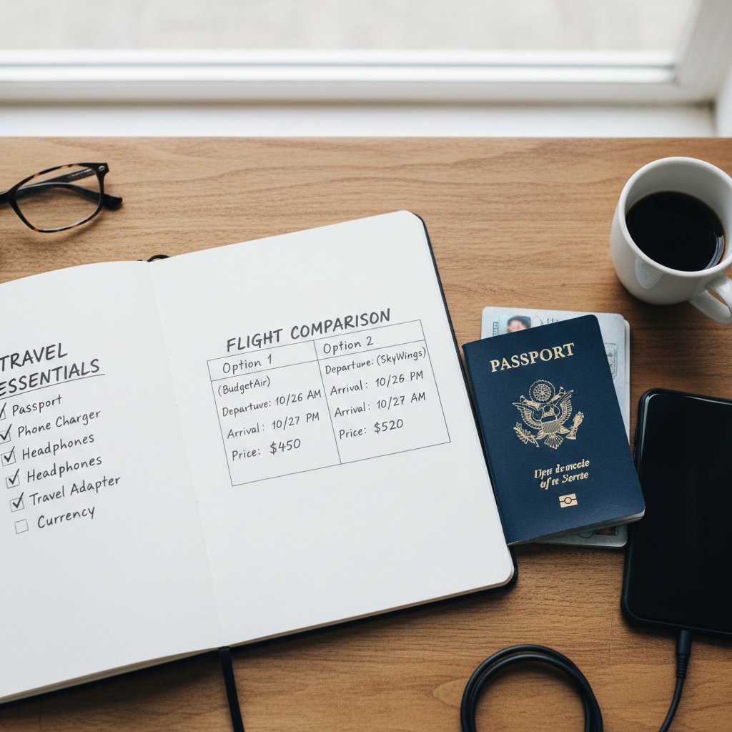 Overhead view of open notebook with checklist, passport and phone, flight comparison preparation scene