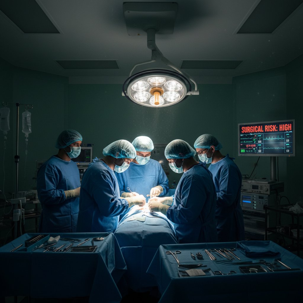 Szpitalna sala operacyjna z dramatycznym oświetleniem, symbolizująca ryzyko powikłań biopsji nerki