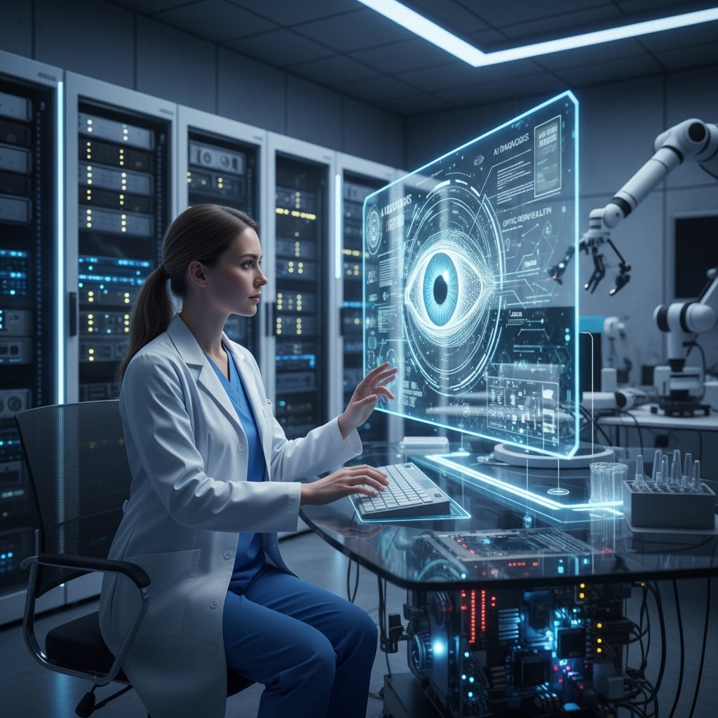 Okulista analizujący wyniki testu AI na ekranie komputera, nowoczesne laboratorium