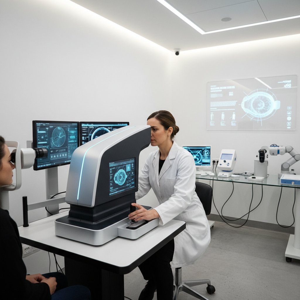 Okulista badający pacjenta za pomocą nowoczesnego sprzętu diagnostycznego, klinika