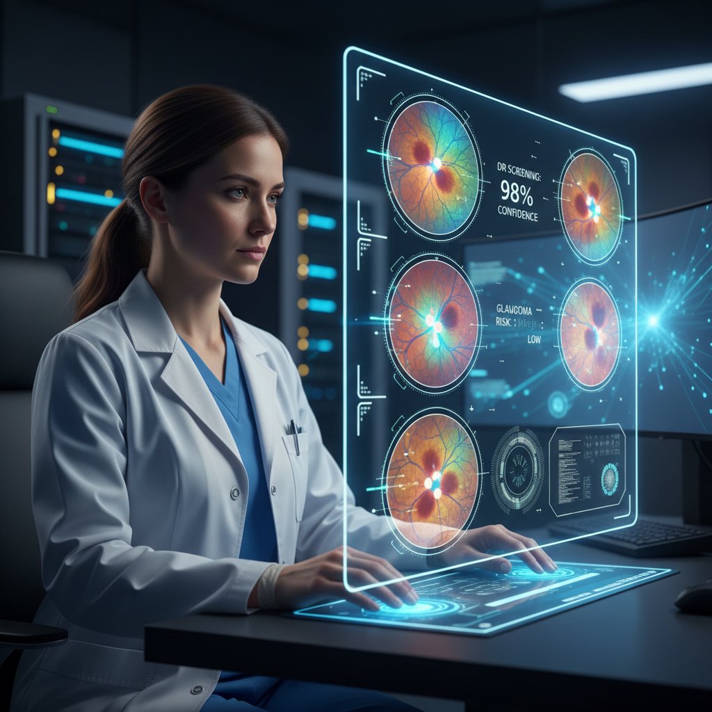 Zdjęcie okulisty analizującego zdjęcia dna oka na ekranie komputera, AI interface
