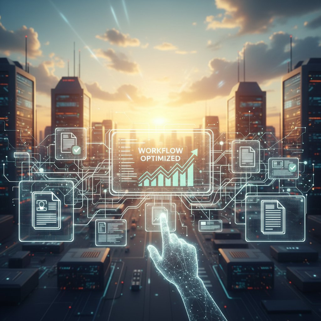 Optimistic sunrise over digital documents, representing new beginnings in document management and digital workflow solutions