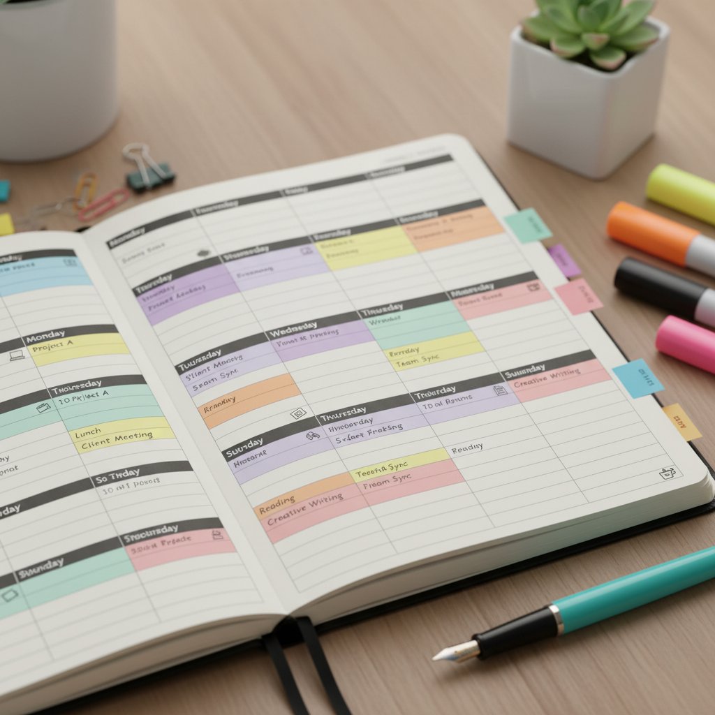 Organized calendar using color-coded time blocks for deep work, meetings, and breaks