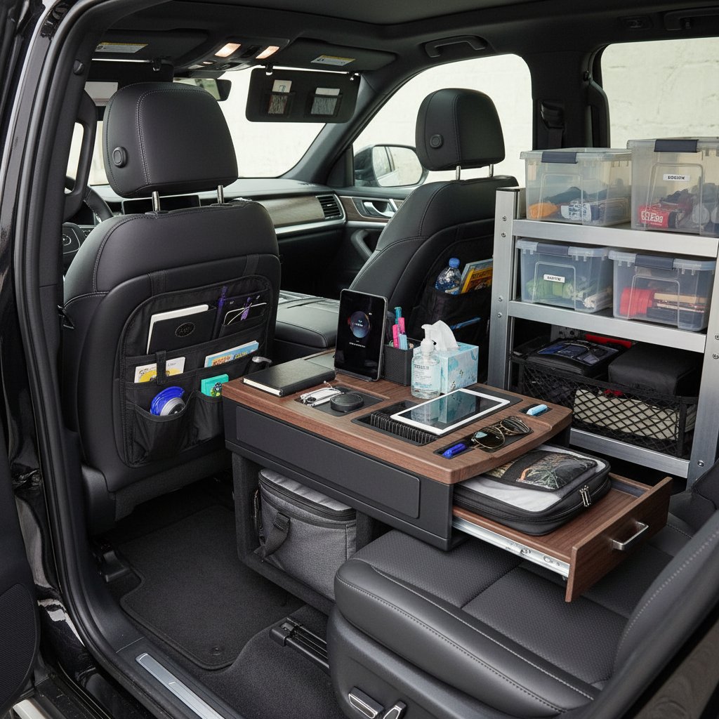 Smartly organized car interior with custom storage solutions maximizing car dimension utility.