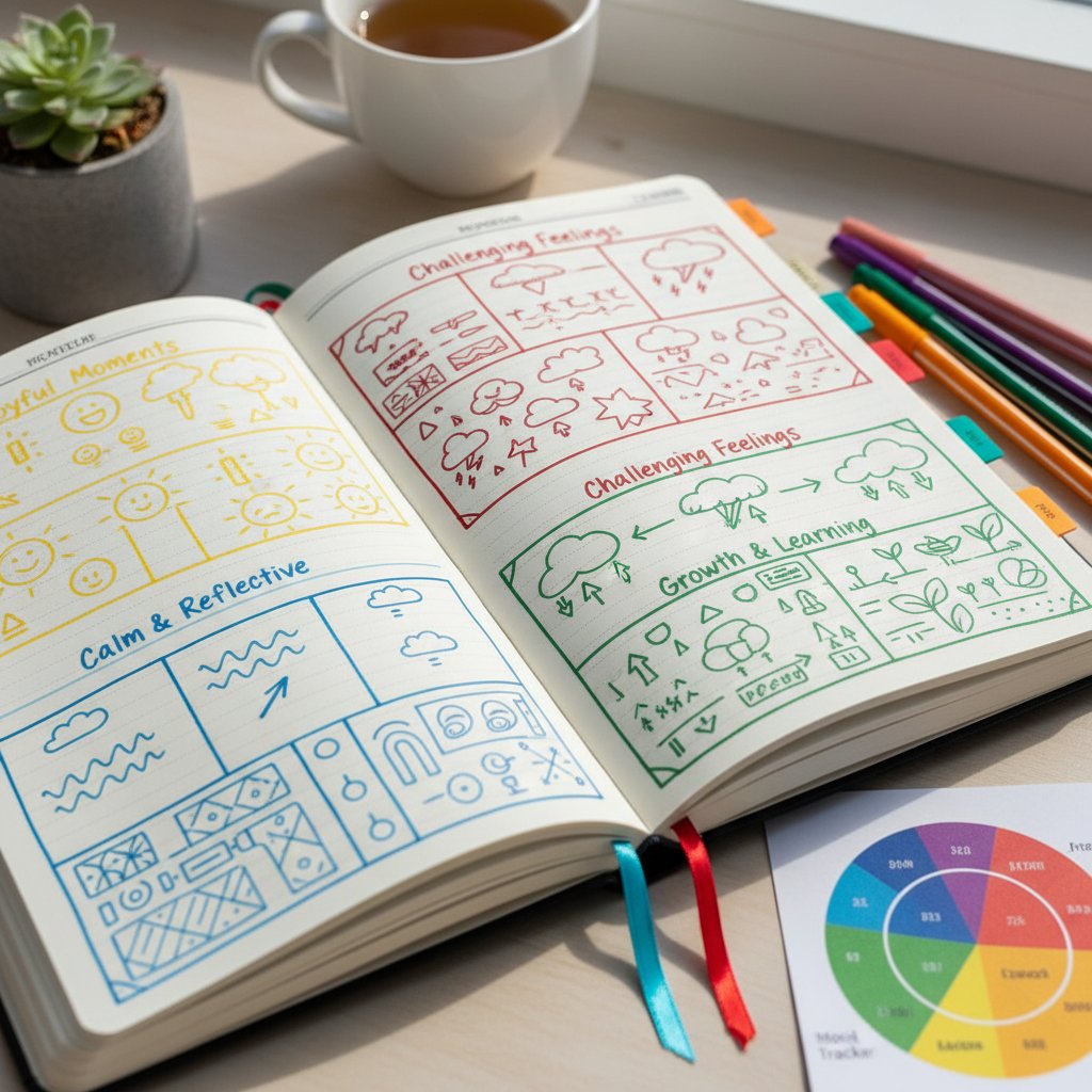 Organized emotional journaling framework: overhead photo of a journal open to a page with color-coded notes and diagrams