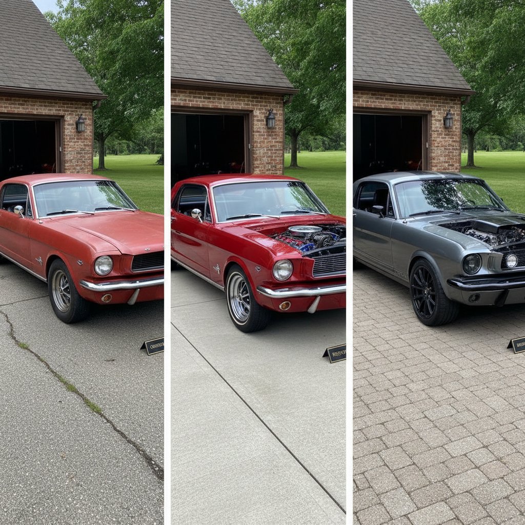 Three vintage cars: original, restored, and restomod comparison.