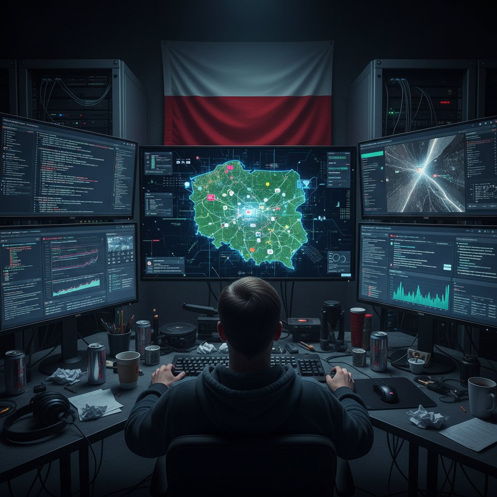 Specjalista OSINT analizujący wieloekranowy workstation, w tle mapa Polski i dane cyfrowe