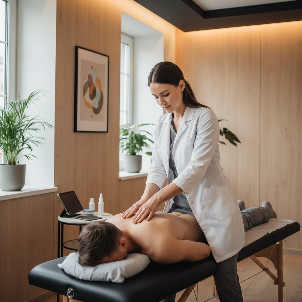 Osteopata wykonuje manualną terapię na plecach pacjenta w nowoczesnym gabinecie