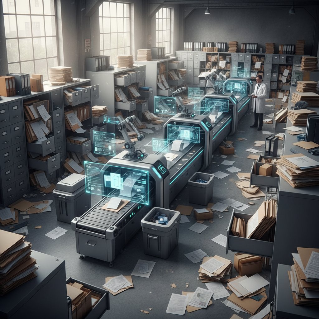 Overflowing file cabinets in a dimly lit office, symbolizing document chaos before digitization with keywords document digitization technology innovations
