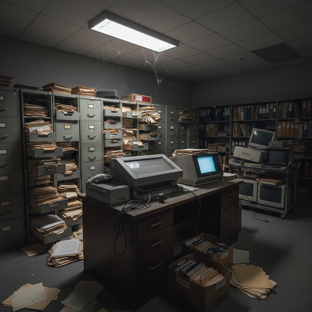 Overflowing file cabinets beside an unused document scanner in a dimly lit office, symbolizing the struggle for digital document management