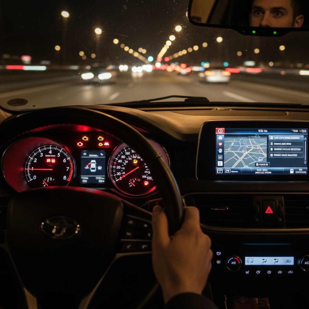 Overloaded dashboard with too many alerts, dashboard cluttered with warning lights, keyword: safety systems, dashboard distraction