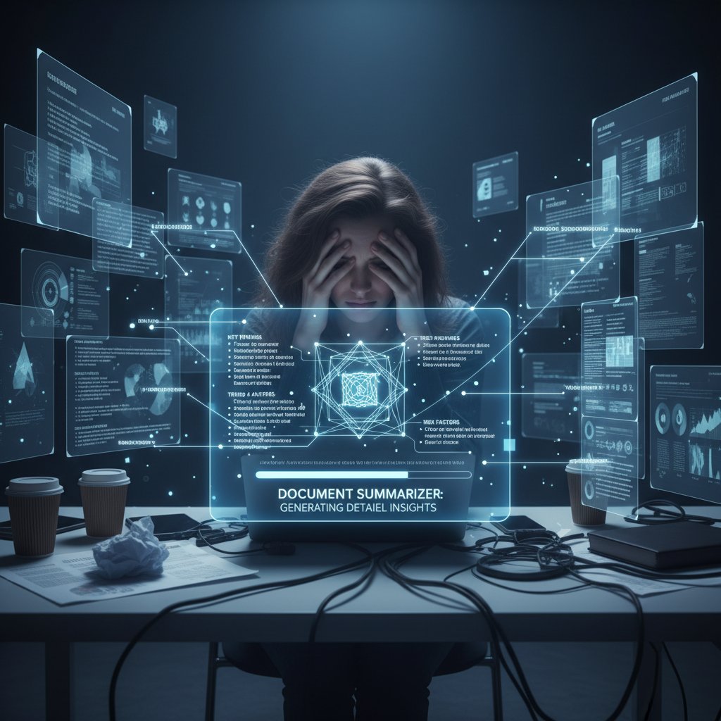 Overwhelmed analyst surrounded by physical and digital documents, document summarizer for detailed insights