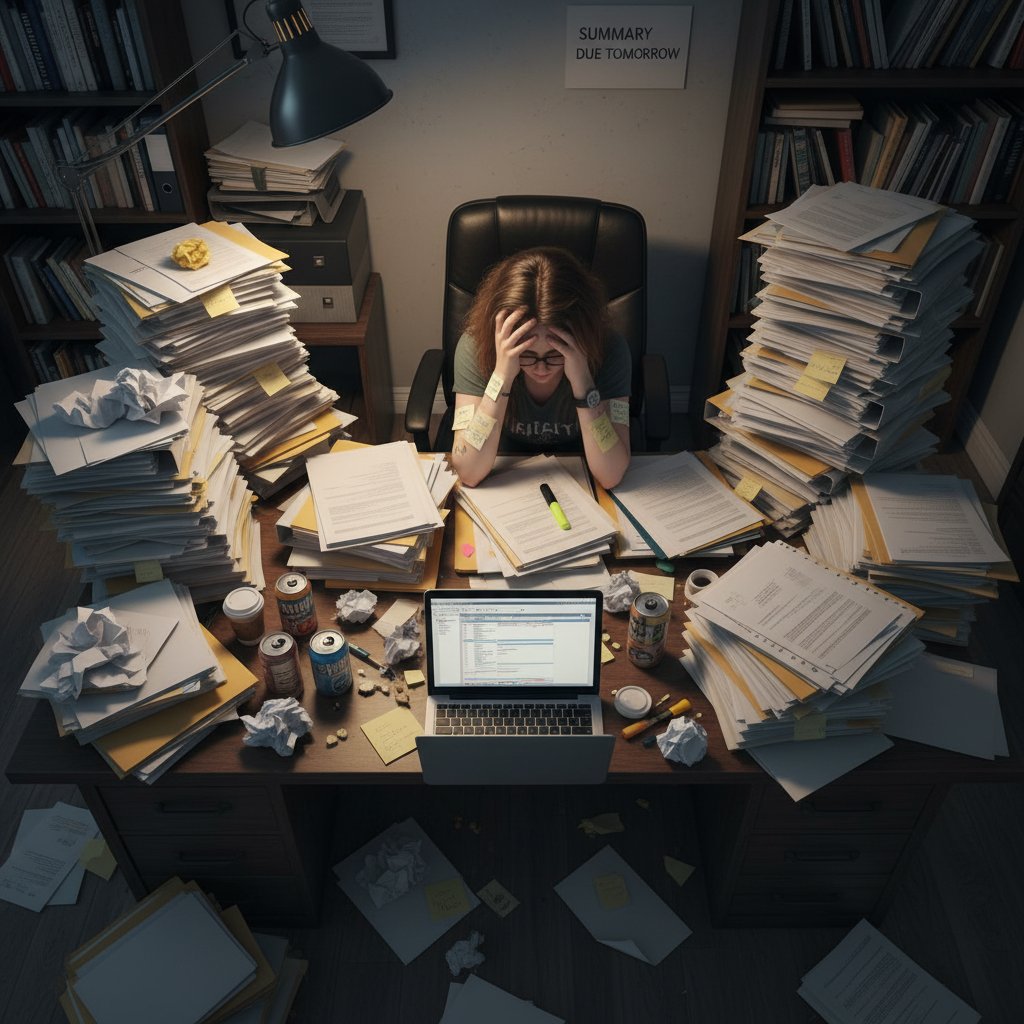 Overwhelmed analyst manually summarizing papers, illustrating manual vs automated summarizer