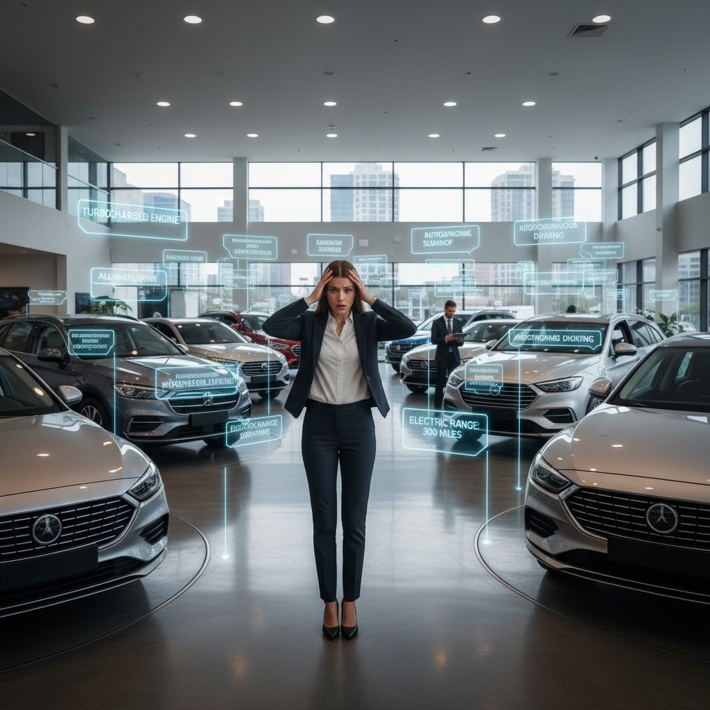 Overwhelmed car buyer surrounded by feature tags in dealership, feature overload, modern cars