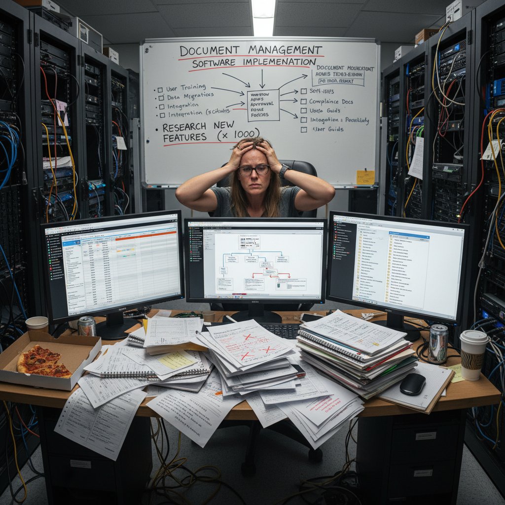 An overwhelmed IT admin surrounded by monitors full of feature checklists for document management software