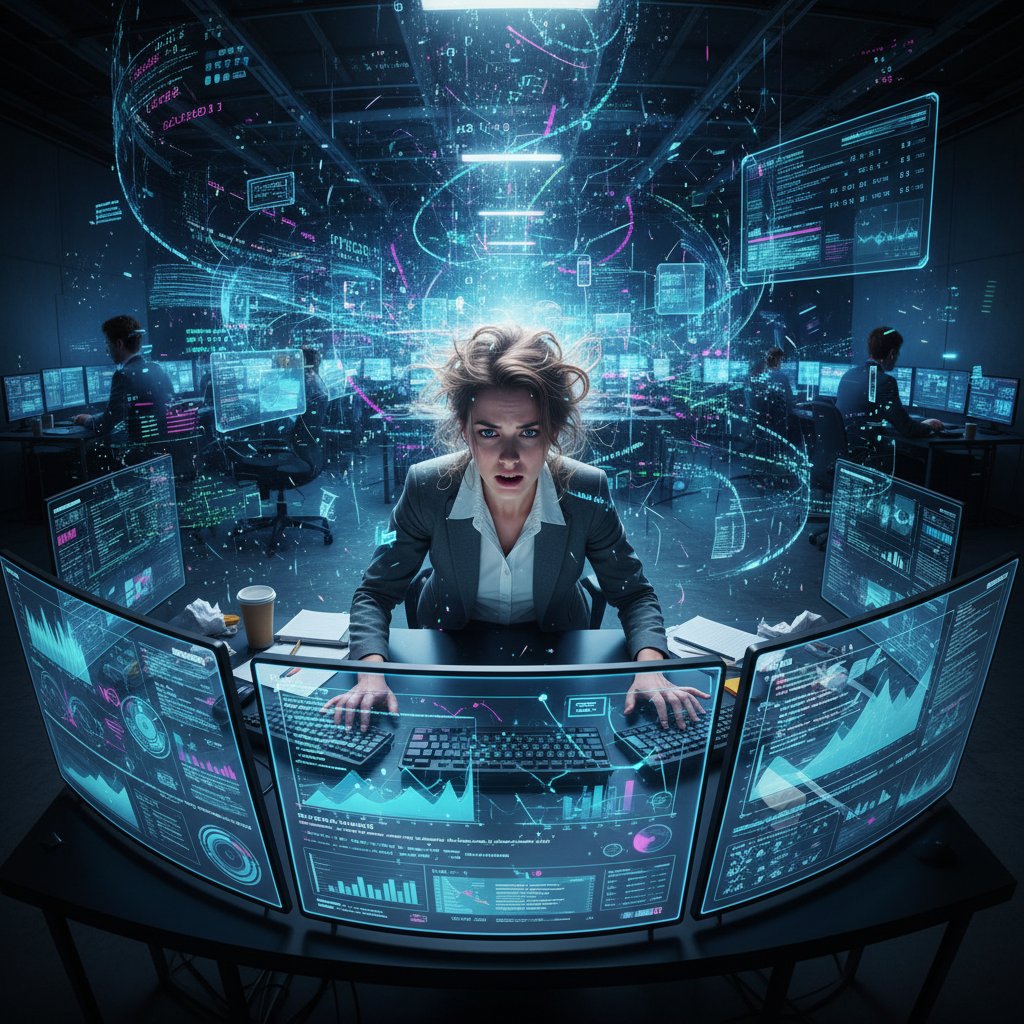 Overwhelmed office worker staring at a massive digital dashboard, floating data streams engulfing the screen. Alt text: Overwhelmed worker facing digital information overload.