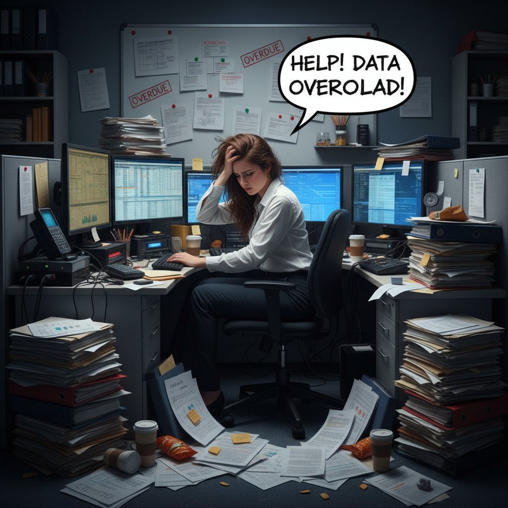 Overwhelmed employee drowning in paperwork, symbolizing data chaos and poor data management in business settings