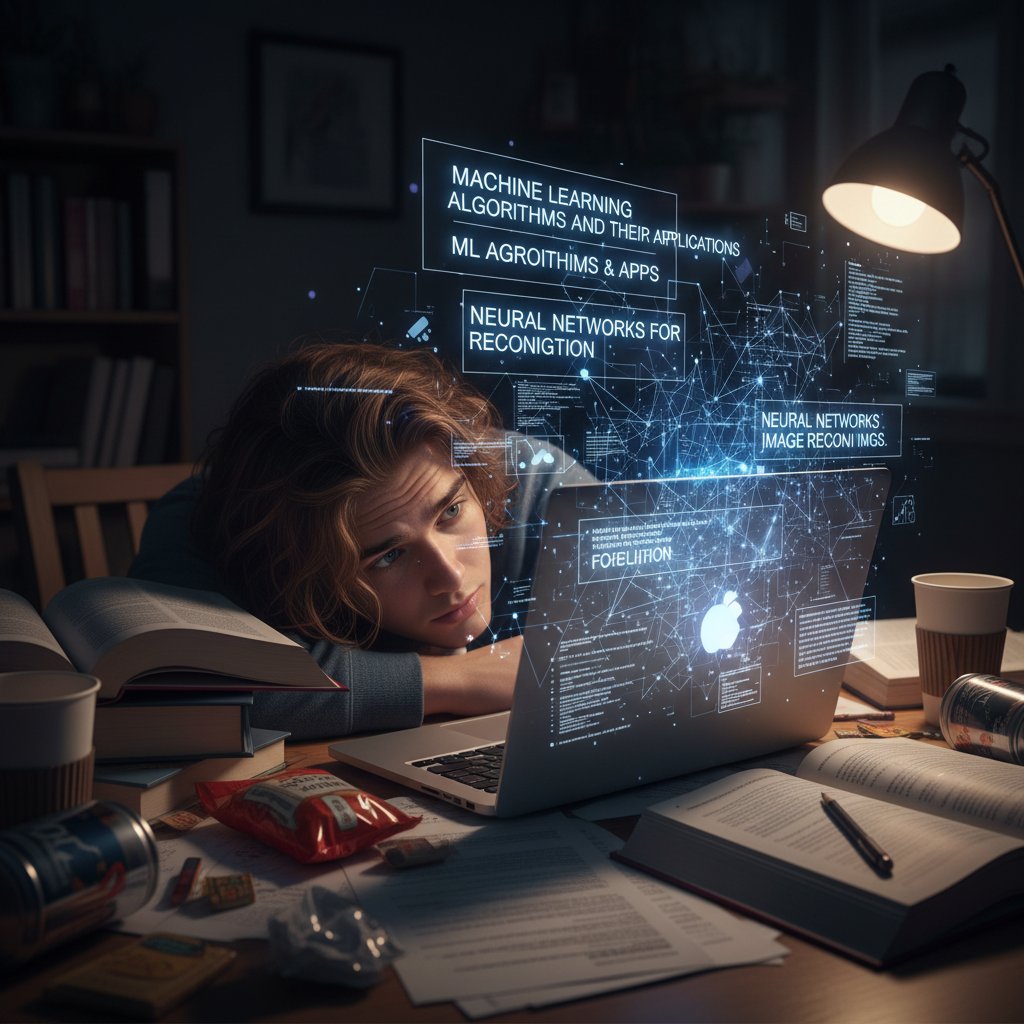 Studentka z laptopem otoczona cyfrowymi danymi i tekstami, symbolizująca przeciążenie informacyjne i streszczanie tekstów narzędzia online