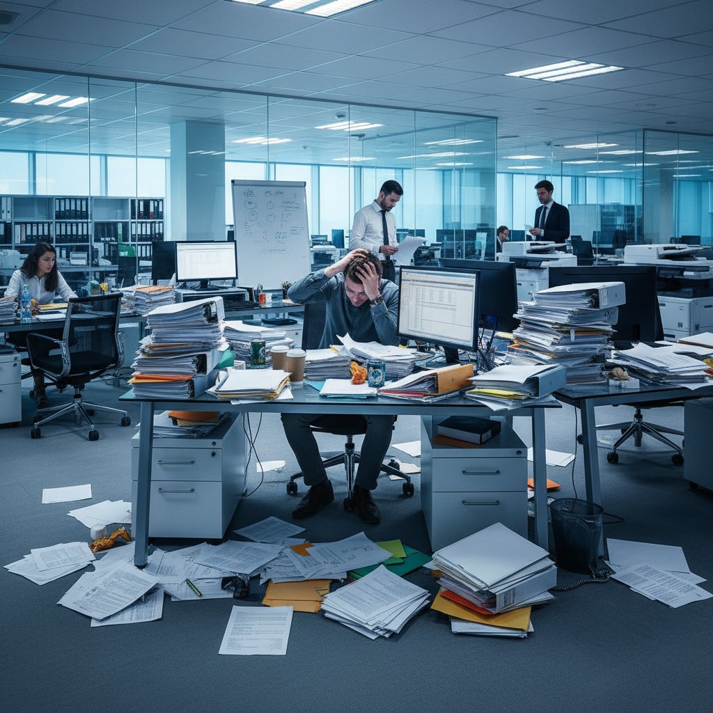 Overwhelmed worker surrounded by stacks of documents. Alt text: 'Person overwhelmed by document overload in modern office, symbolizing document summarization vs manual review challenges.'